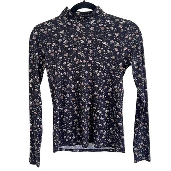 Sezane Felix Navy Blue Miranda Floral Mock Neck Long Sleeve Tee NWT Medium - Picture 2 of 11